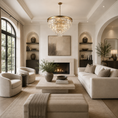 Load image into Gallery viewer, A luxury modern living room featuring a large round gold crystal chandelier, a built-in fireplace, a cream sofa, matching armchairs, and a low wooden coffee table on a beige rug.
