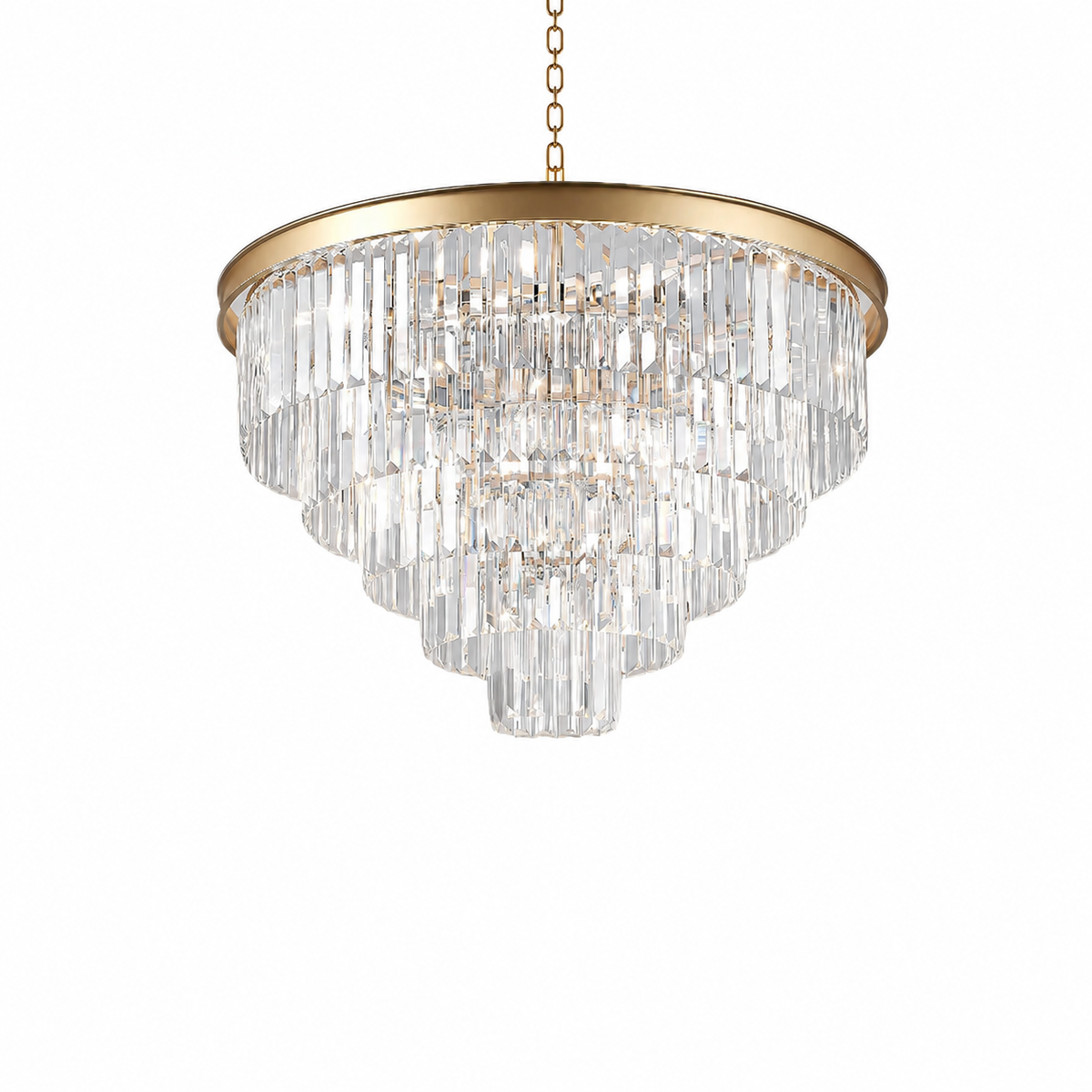 A round gold crystal chandelier with a brushed gold metal frame and chain, shown against a solid white background.