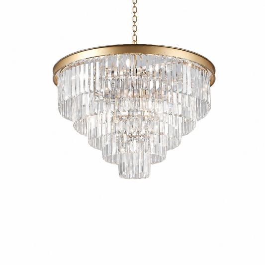 A round gold crystal chandelier with a brushed gold metal frame and chain, shown against a solid white background.