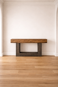 Load image into Gallery viewer, rustic console table alone in a room against wall on hardwood flooring
