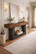 Load image into Gallery viewer, rustic console table angled view with decor on it and an area rug in front of it
