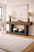 Load image into Gallery viewer, rustic console table in hallway with decor on it and area rug in front of it
