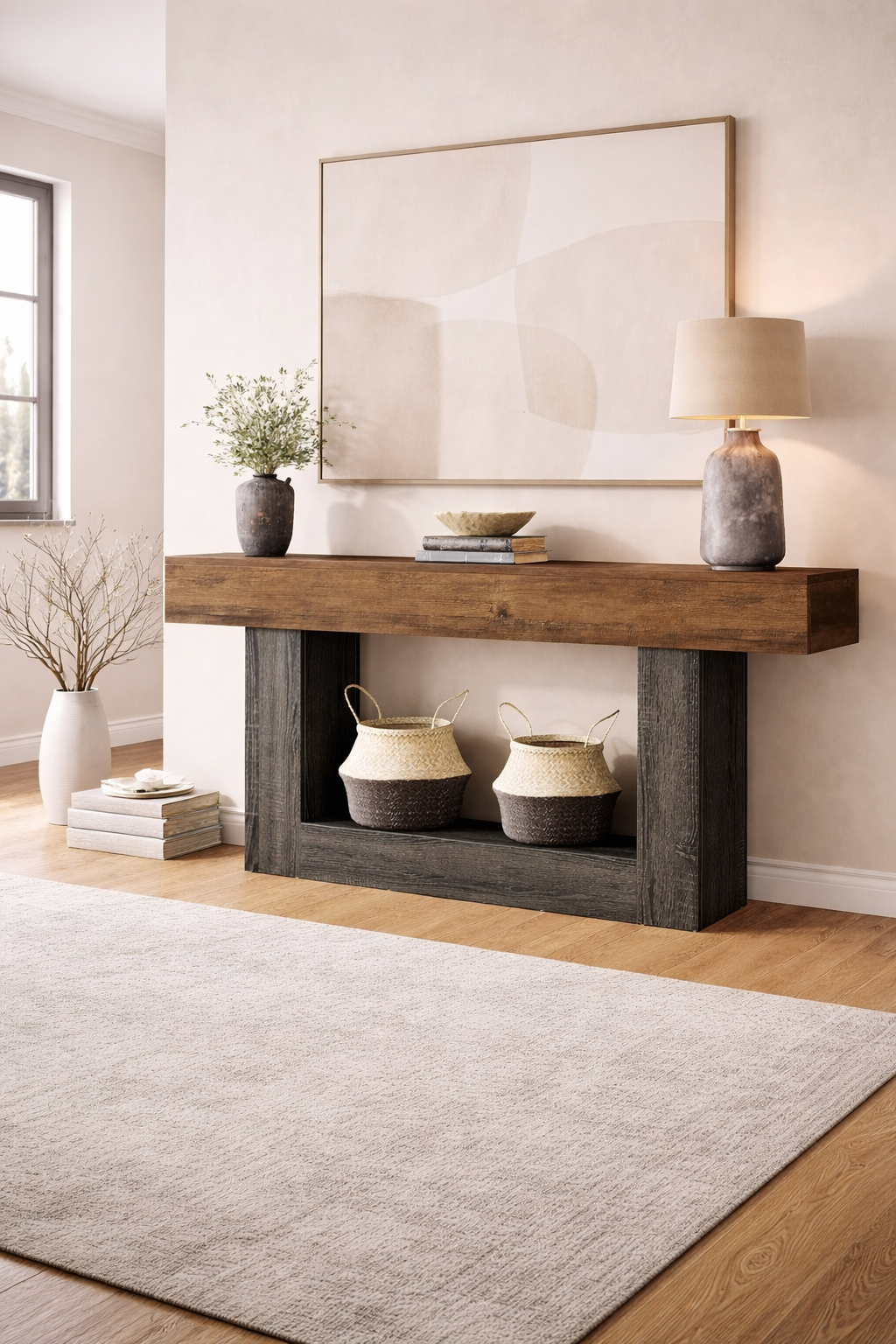 rustic console table in hallway with decor on it and area rug in front of it