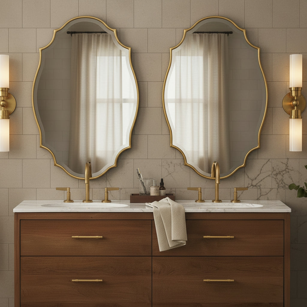scalloped mirror in bathroom above each sink