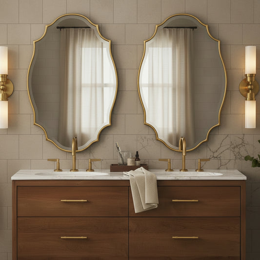 scalloped mirror in bathroom above each sink
