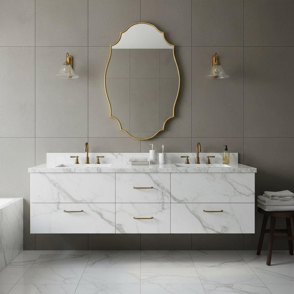 scalloped mirror in bathroom above a floating vanity with sconces on each side