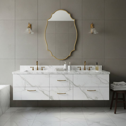 scalloped mirror in bathroom above a floating vanity with sconces on each side