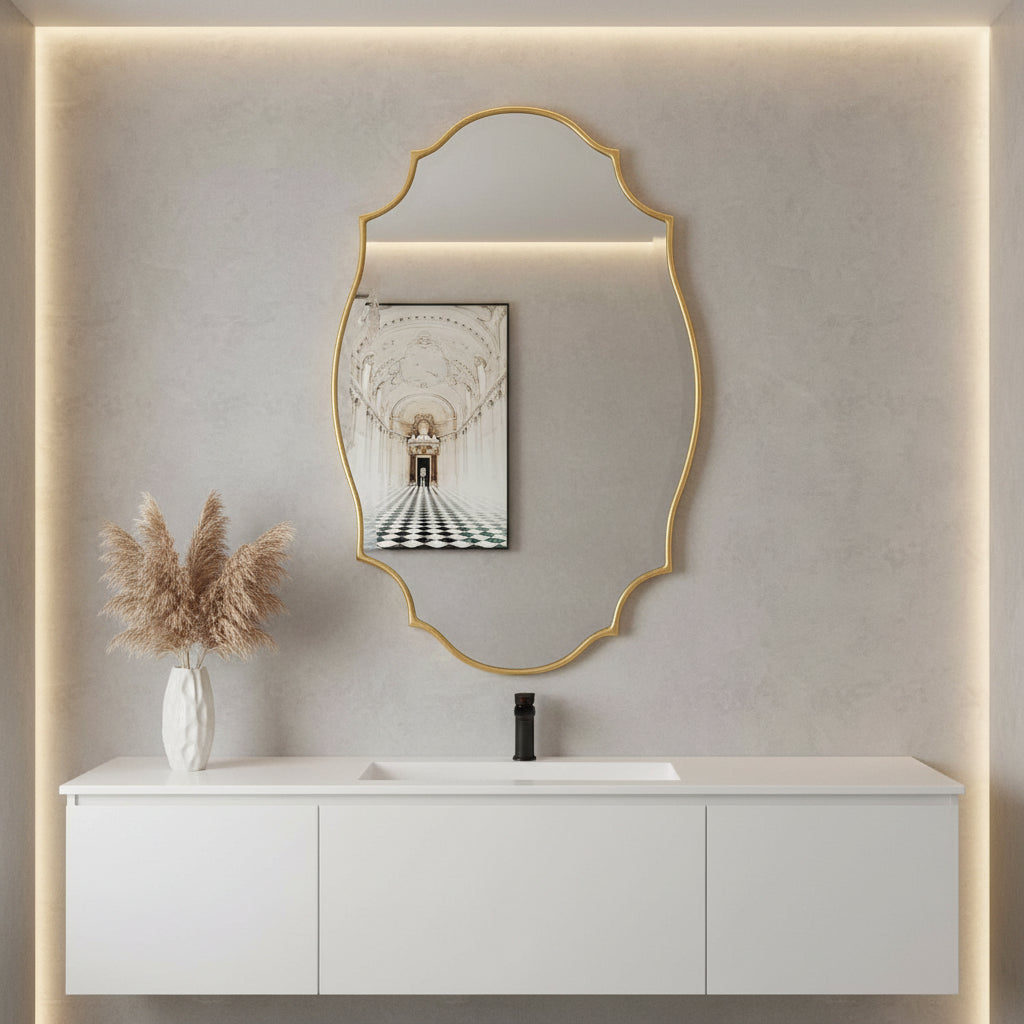scalloped mirror above sink in bathroom