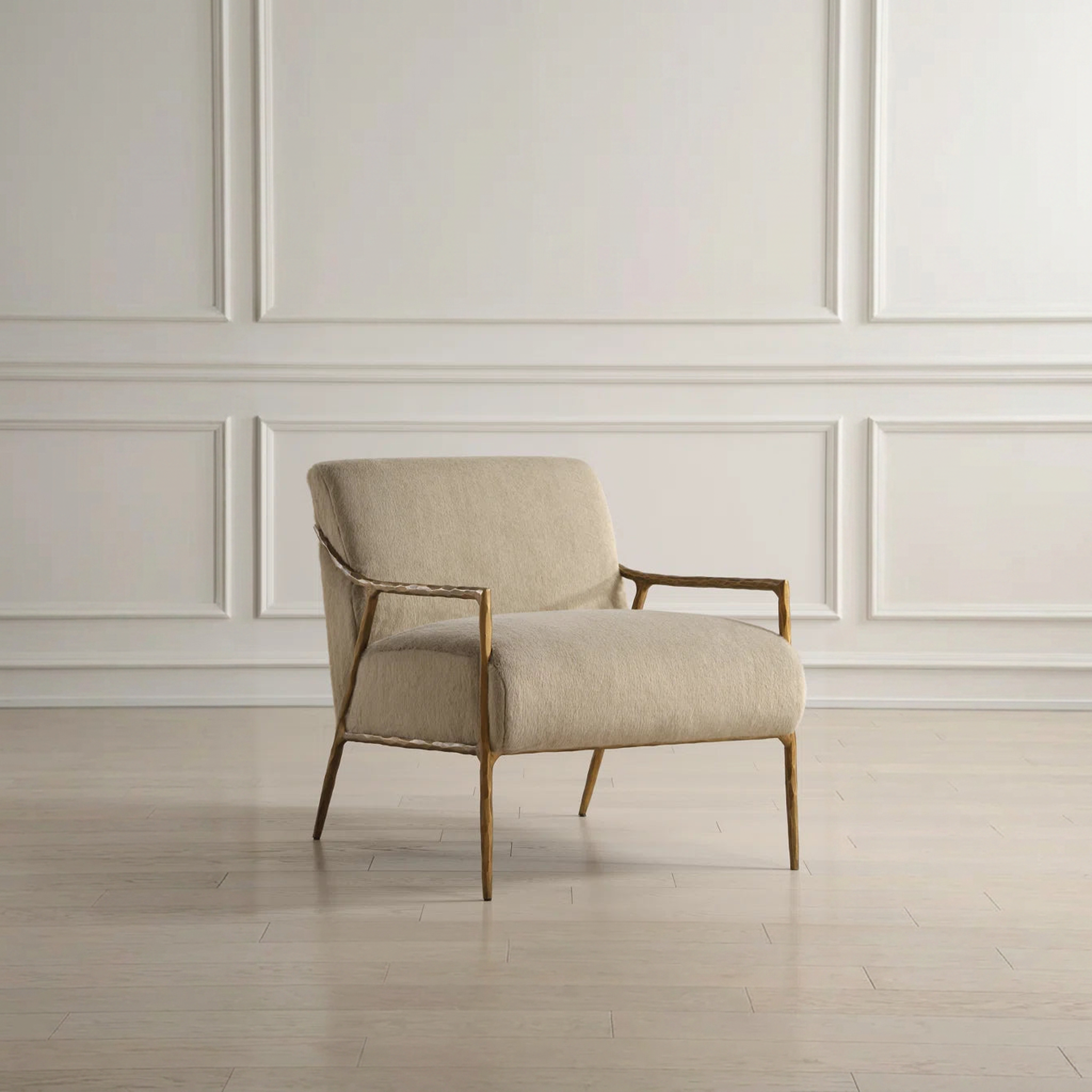 diagonal view of Sheena Accent Chair in a beautiful white room with beige flooring