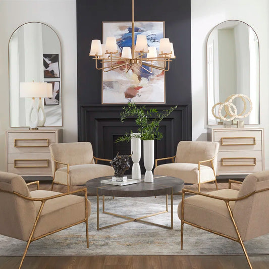 4 Sheena Accent Chairs in sitting room with mirrors and end tables and a round coffee table
