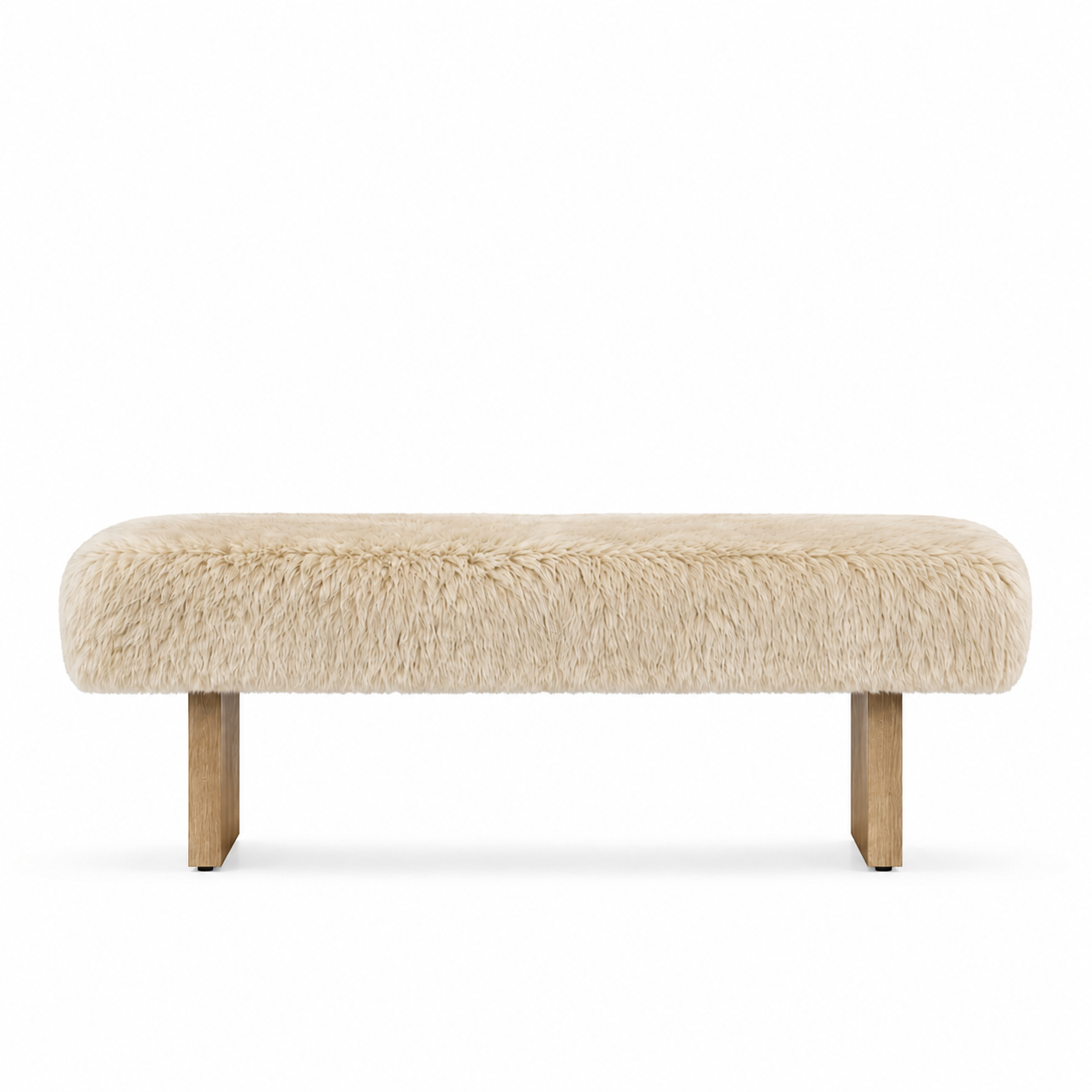 sheepskin bench and two light natural wood legs, shown against a plain white background.