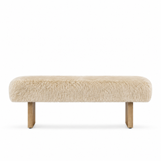 sheepskin bench and two light natural wood legs, shown against a plain white background.