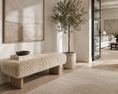 Load image into Gallery viewer, sheepskin bench styled with a stack of books and a small black bowl. A tall potted olive tree stands next to it, and a large abstract canvas hangs on the wall.
