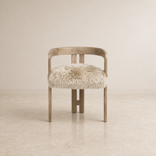 A rustic wooden sheepskin armchair with a curved backrest and a fluffy cream-colored sheepskin seat, set against a minimalist beige wall and stone floor.