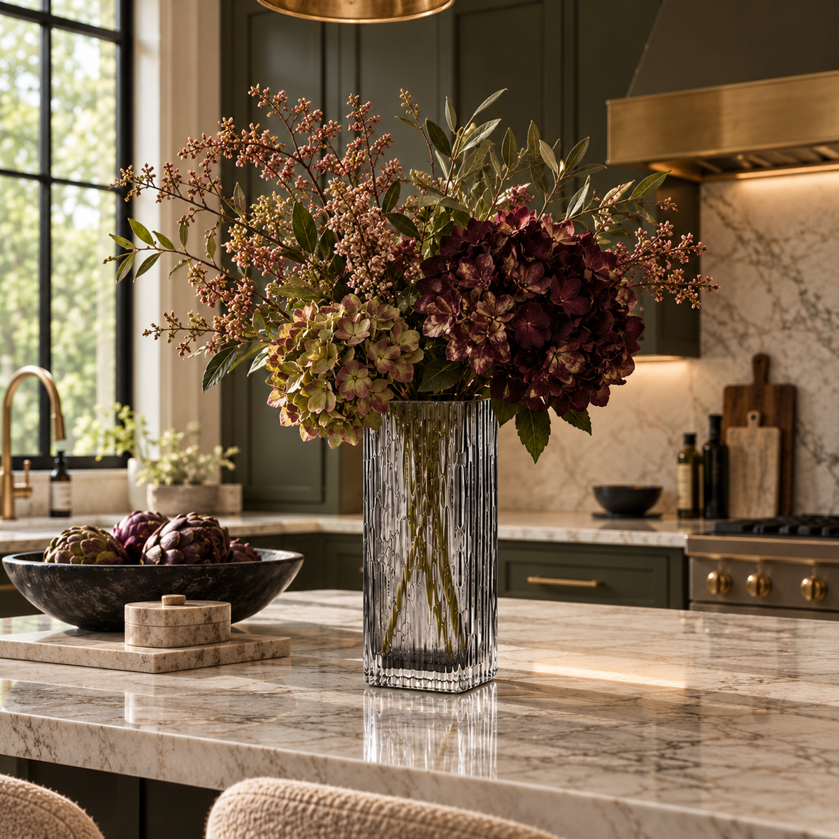 smoked crystal vase in kitchen with autumn flowers and leaves in it