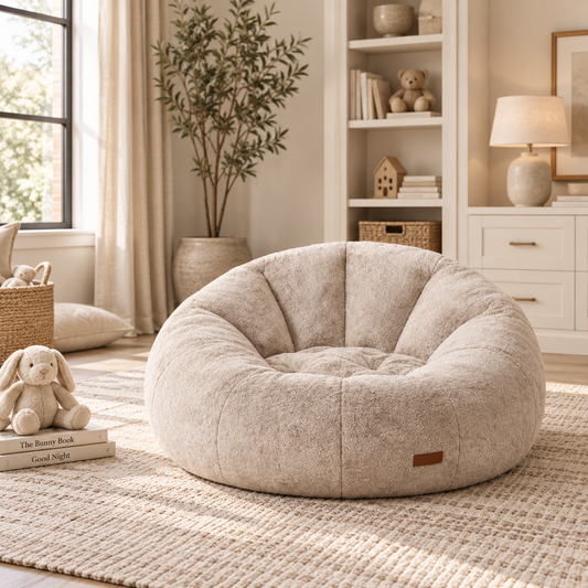 A round tufted bean bag sofa chair in a warm beige bouclé fabric, styled in a cozy, sunlit nursery or playroom with a white dresser, bookshelves, a potted tree, and a plush bunny toy nearby.