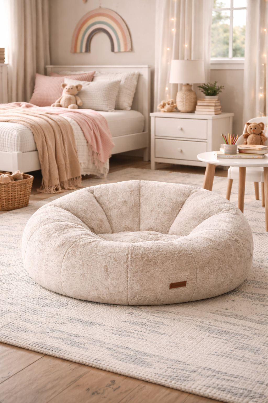 sofa chair on floor in kids bedroom with bed in the background