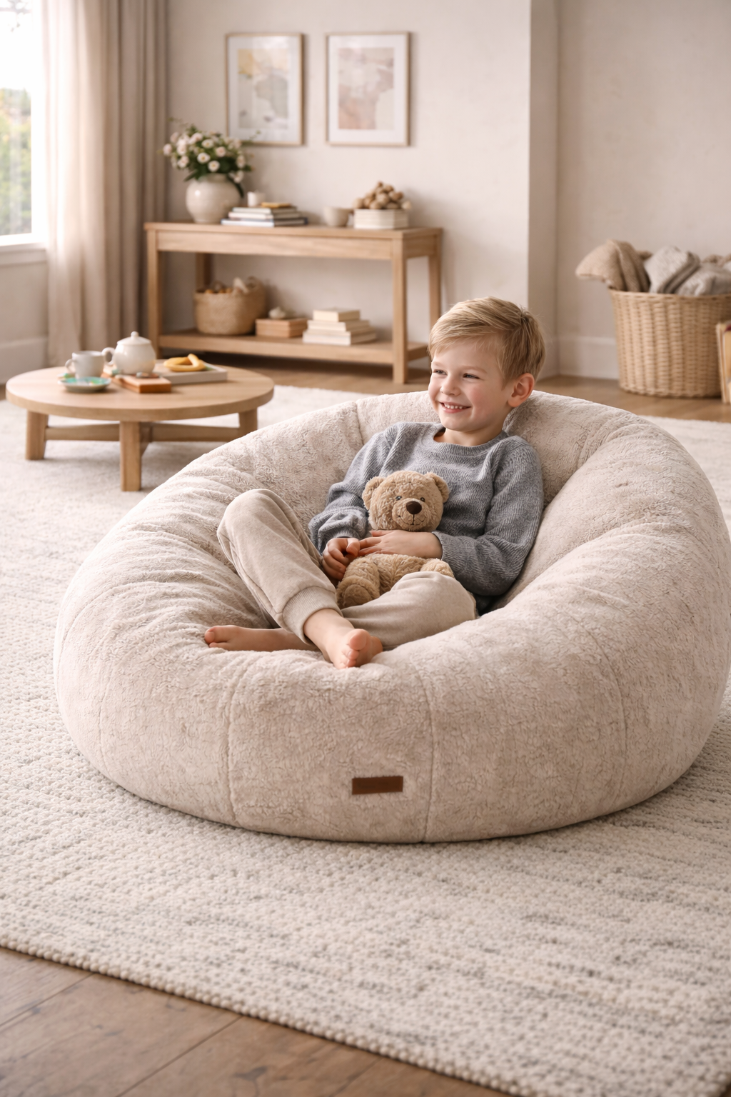 sofa chair with child on an area rug