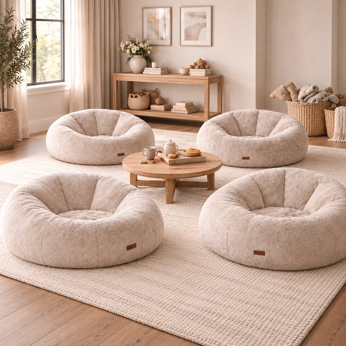 Four round plush floor poufs in a light beige bouclé fabric arranged around a small wooden coffee table on a large woven area rug in a bright, neutral-toned living room.