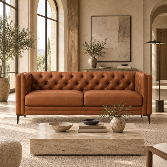 A tufted leather 2 piece sofa in a warm cognac brown color, styled in a rustic, elegant living room with a stone coffee table, potted plants, and arched windows.