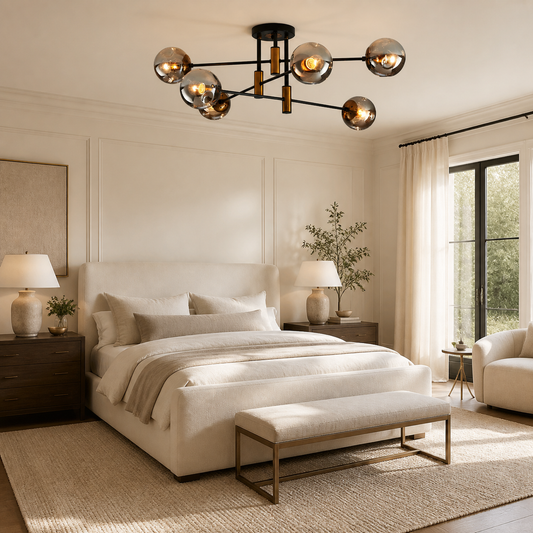 A modern multi-light chandelier with six spherical glass shades hangs over a neatly made bed in a bright, neutral-toned bedroom. The room includes matching bedside tables, lamps, a bench at the foot of the bed, and a large window with sheer curtains.