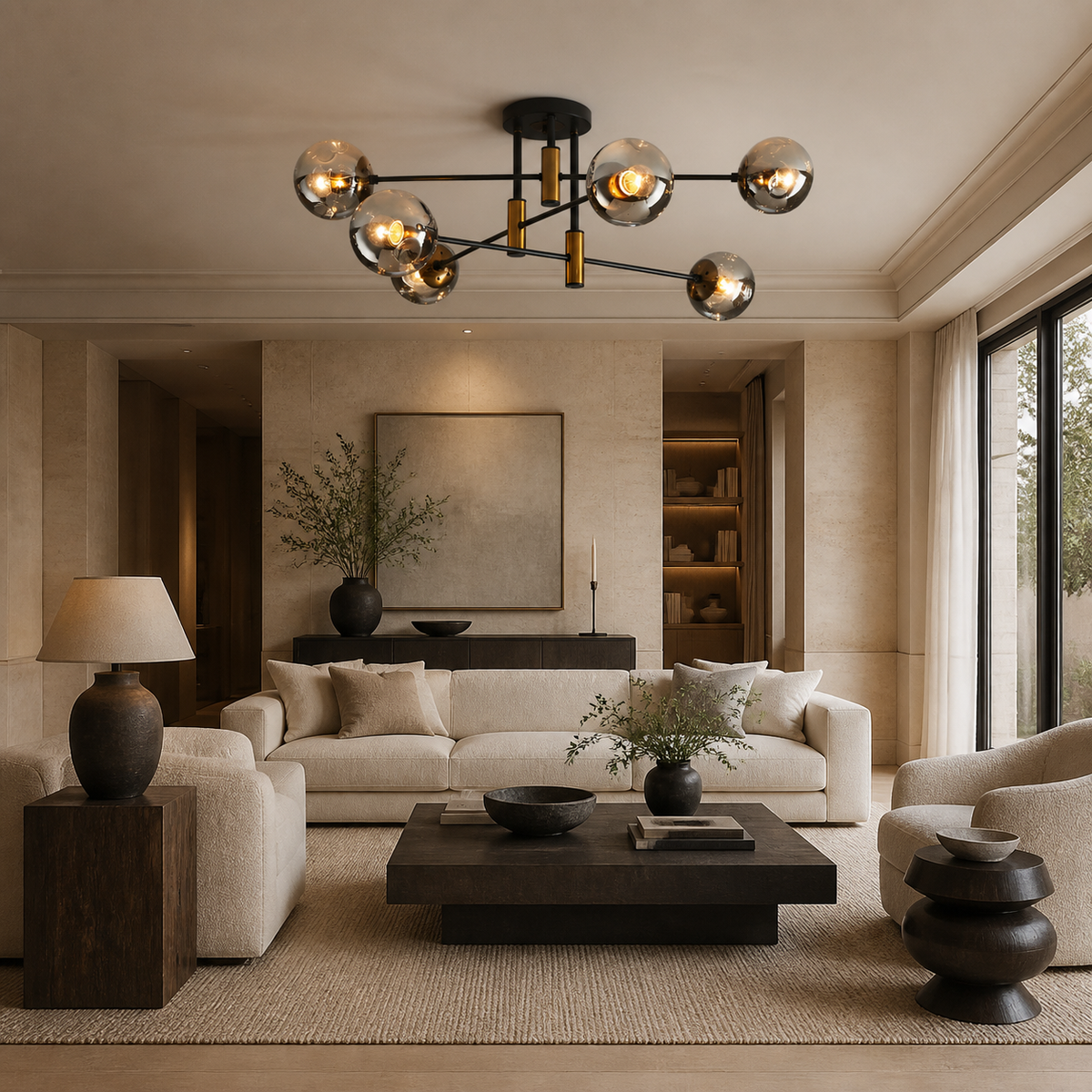 sputnik chandelier with spherical glass shades and brass accents hangs in a warm, contemporary living room with beige furniture, a dark wood coffee table, and a large window.