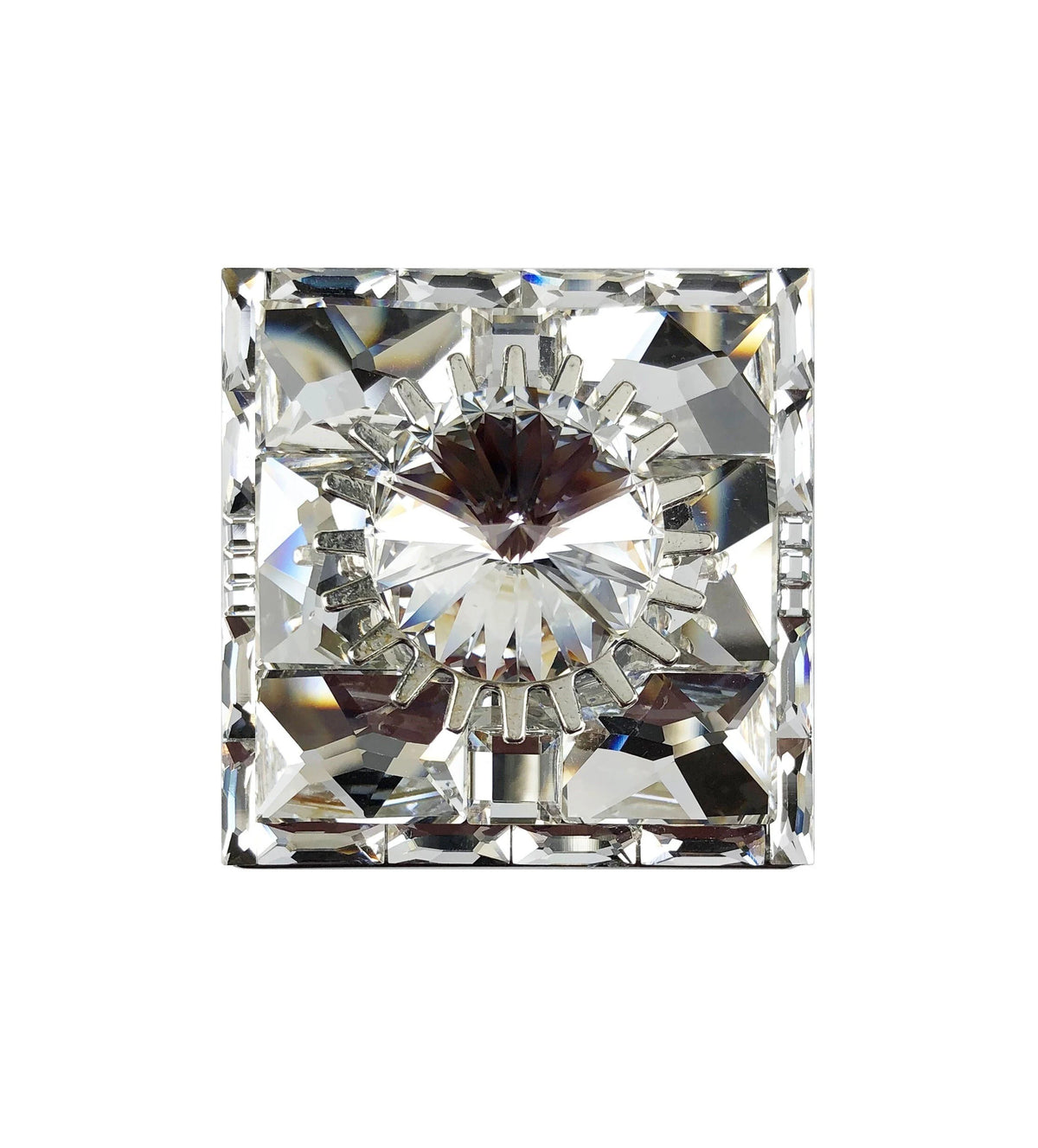 Square 1 1/2" crystal knob with multi-faceted facets reflecting light on a white background