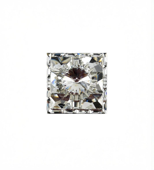 1 1/2 inch square crystal knob with faceted design and reflective clear finish on white background