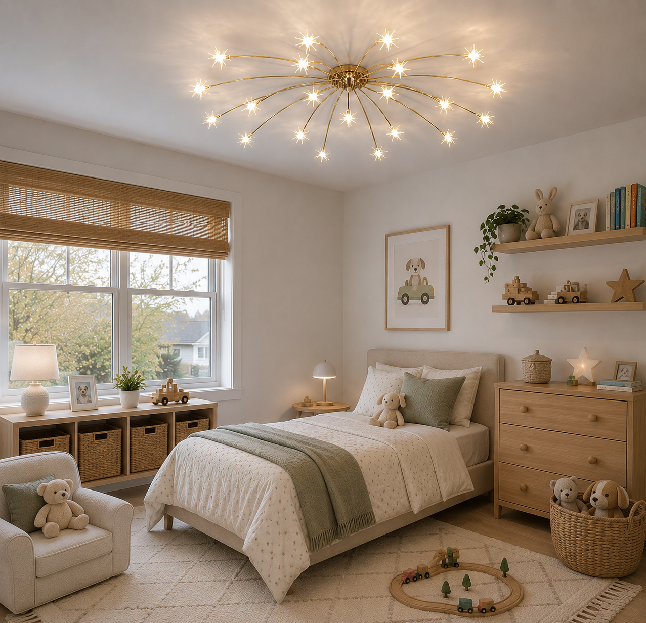 STARRY NIGHT CHANDELIER in children's bedroom which has a bed, shelving, and a dresser