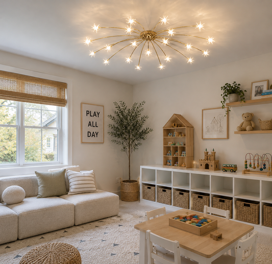 STARRY NIGHT CHANDELIER hanging from ceiling in children's playroom with toys and sofa and window
