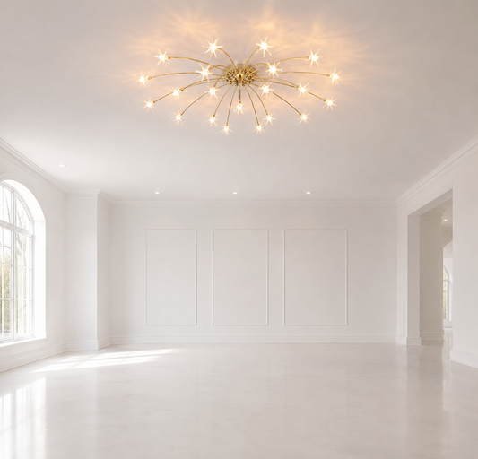 STARRY NIGHT CHANDELIER hanging from ceiling in an empty room with window and entryway