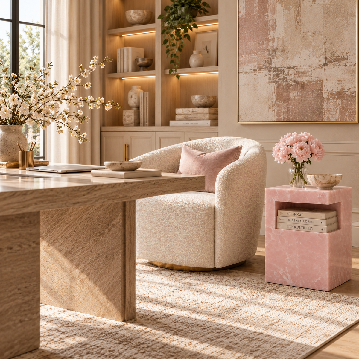 A styled interior scene with a cream boucle armchair, a pink stone table holding pink flowers and books, a large stone desk, shelving, and a textured rug in a warm, sunlit room.