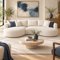 Load image into Gallery viewer, Cream boucle curved sofa in a modern living room with blue accents
