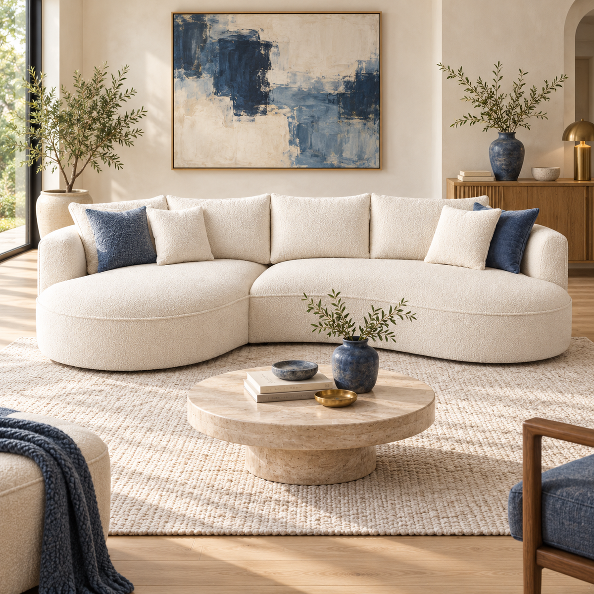 Cream boucle curved sofa in a modern living room with blue accents