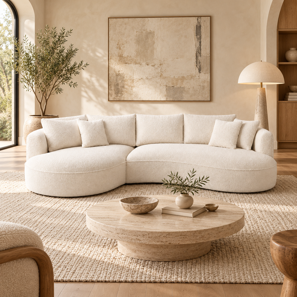Cream boucle curved sofa with chaise in a warm neutral living room