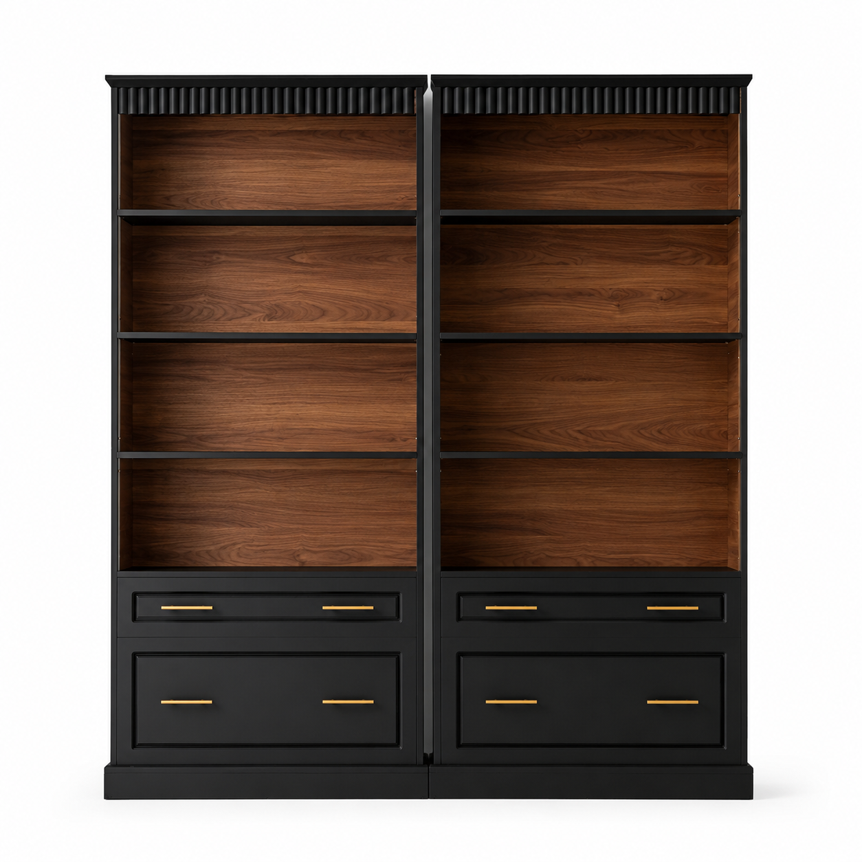 A tall black bookcase with two open wooden shelves on each side and two drawers at the bottom, accented with gold handles, shown on a plain white background.