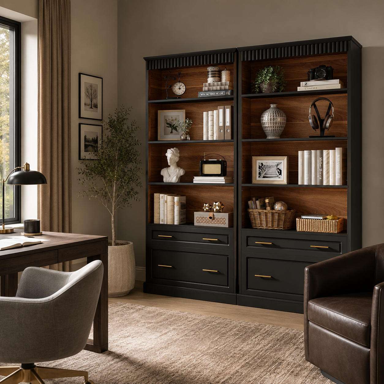 A large black and wood bookcase with multiple shelves and drawers, styled with books, vases, baskets, and decor, set in a modern home office next to a desk and armchair.
