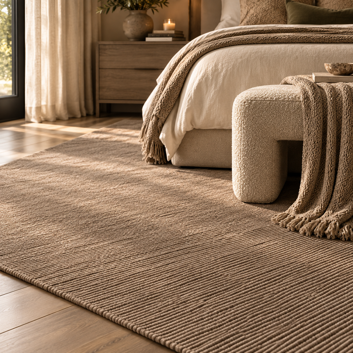 A textured, ribbed area rug in a warm taupe-brown color, styled in a cozy bedroom setting with a bed, bench, and soft natural light.