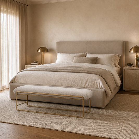 A modern bedroom featuring a bed dressed in neutral beige and cream bedding, a matching upholstered headboard, a gold-framed upholstered bench at the foot of the bed, and warm ambient lighting from bedside lamps.