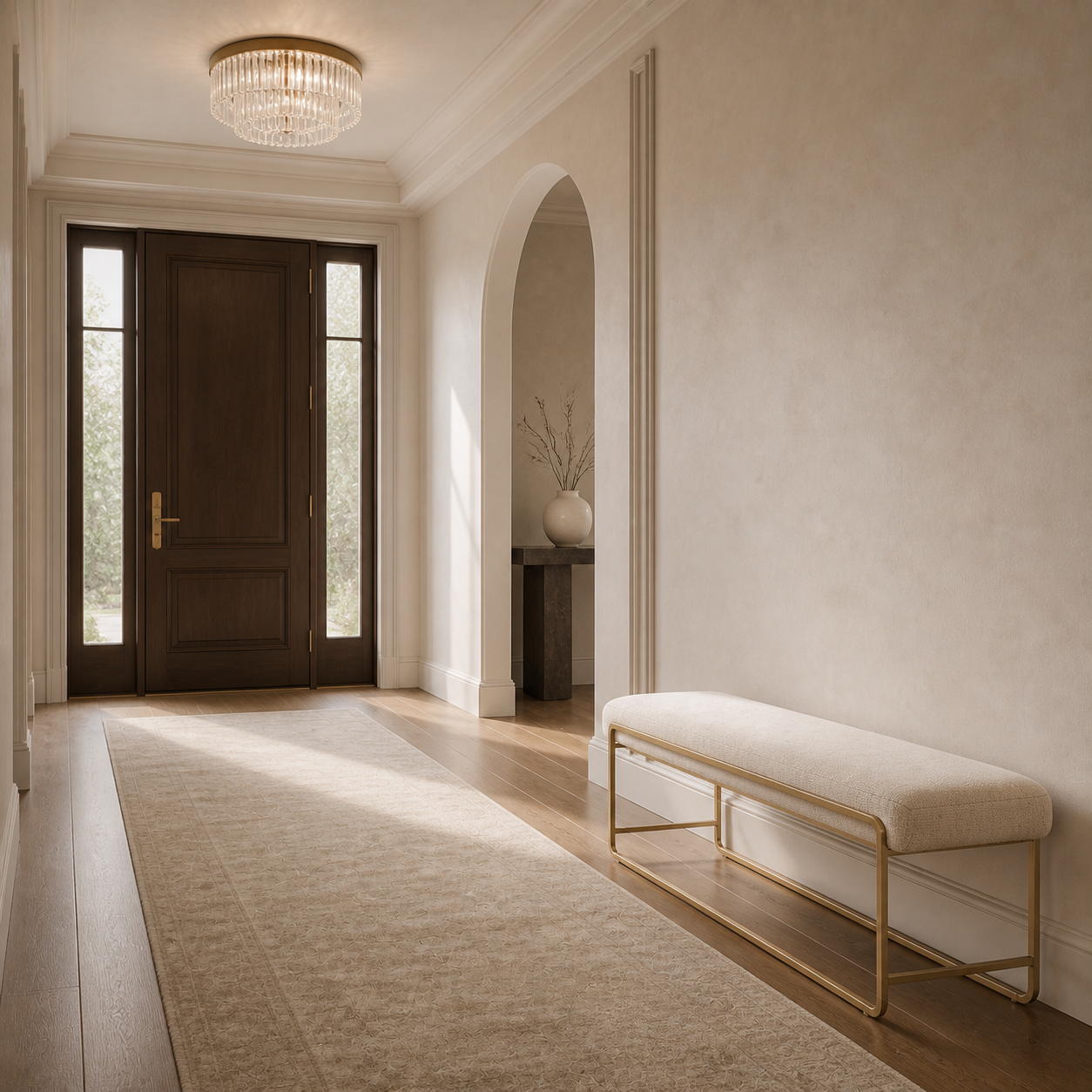 A modern entryway featuring a long beige area rug, a low upholstered bench with a gold metal frame, a dark wood double door, and a warm neutral textured wall.