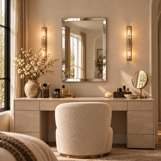 Beveled wall mirror above a vanity with wall sconces