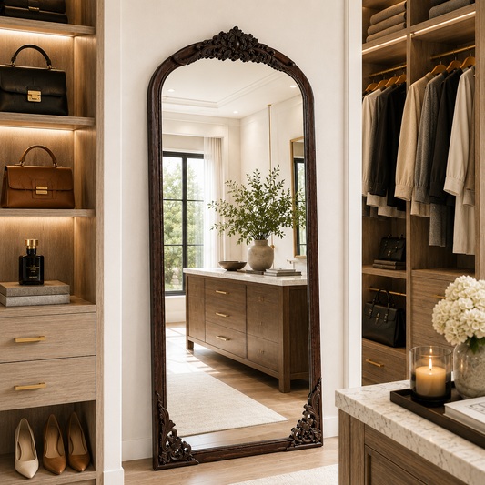 wall mirror with ornate dark carved wood detailing at the top and bottom corners, leaning against a white wall in a luxurious walk-in closet or dressing area.