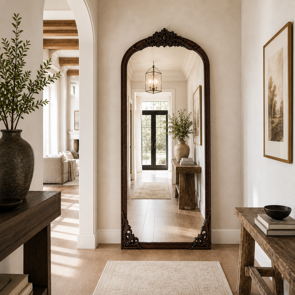 wall mirror with a dark carved wood frame stands in a bright, elegant entryway. The mirror reflects a hallway with a hanging lantern, plants, and a black door, while the surrounding room features cream walls, wooden furniture, and a light rug.