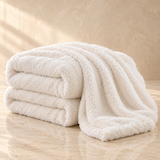 A folded plush cream-colored throw blanket with a sherpa texture, draped over a stack of similar folded blankets on a polished beige marble surface against a textured beige wall.