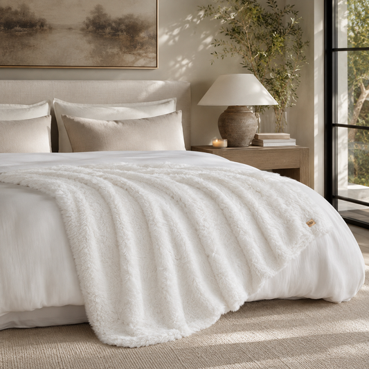 A plush white blanket draped over a neatly made bed in a softly lit bedroom. The scene includes matching pillows, a bedside lamp, books, wall art, and a window with natural light.