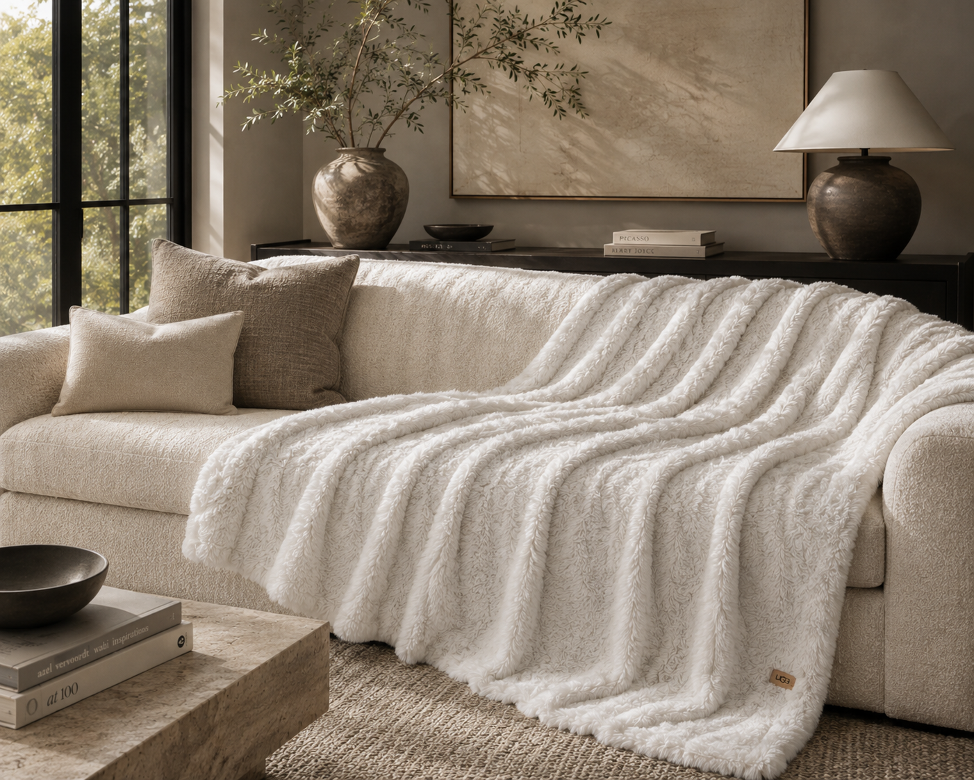 A plush white blanket with a soft, textured sherpa-like surface draped over a light beige sofa in a beautifully styled living room.