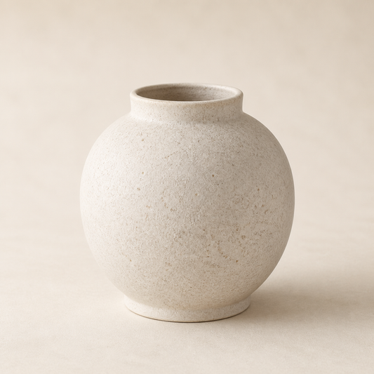 A small round white ceramic vase with a textured, speckled off-white finish and a short flared rim, set against a neutral beige background.