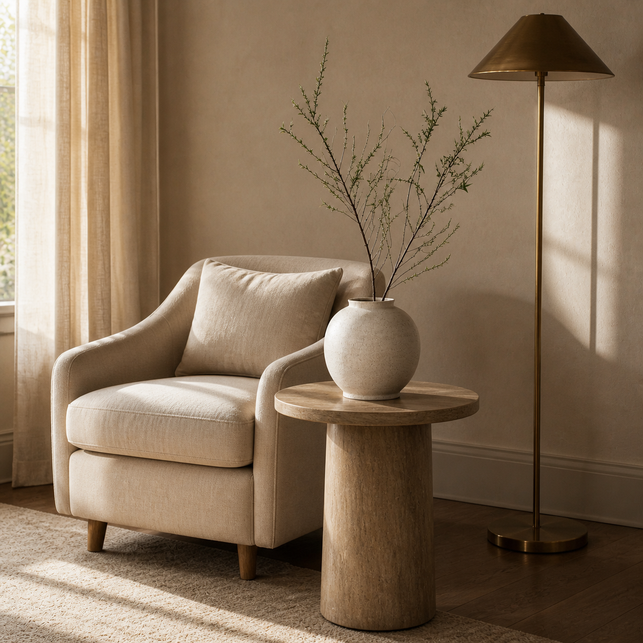 A beige upholstered armchair with a matching cushion sits beside a round wooden side table holding a textured vase with dried branches, in a softly lit room with a floor lamp and warm natural light.