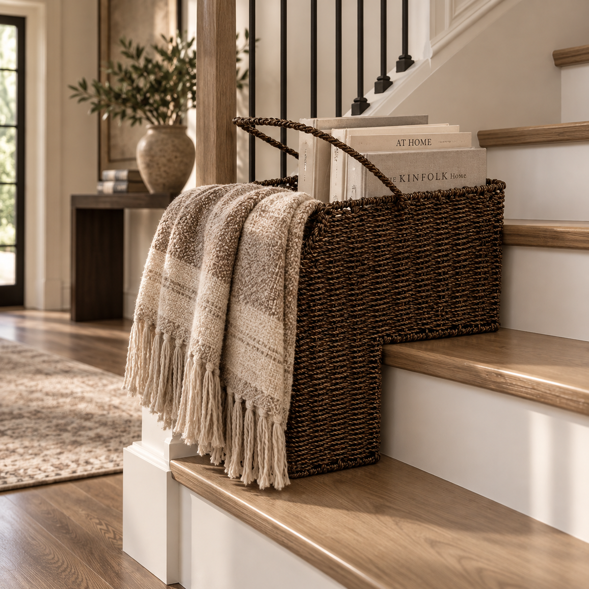 wicker basket on stairs with books and a blanket in it