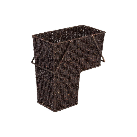 Dark brown wicker storage stair basket with handles designed to hold items for easy transport up stairs on white background